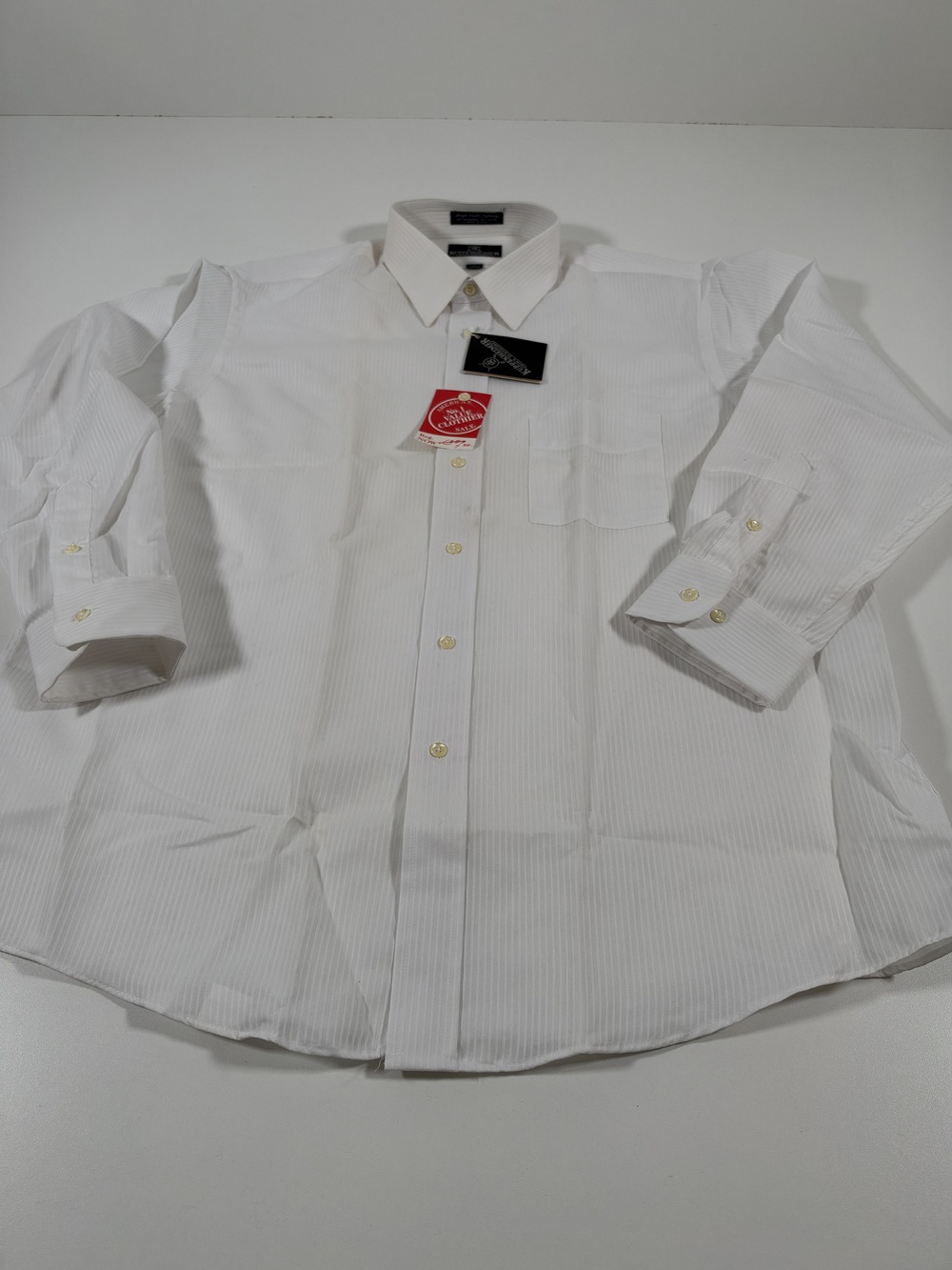 Kuppenheimer Dress Shirt Mens 17 32/33 White Stripe Poly Cotton USA Long Sleeve